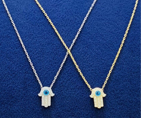 Small Hamsa with Evil Eye Crystals Sterling Silver Necklace