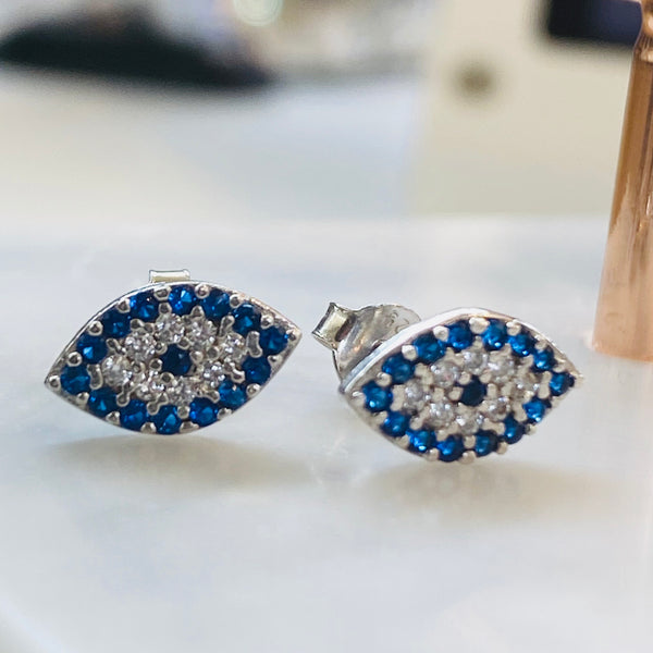 Flat Eye Shape Crystal Evil Eye Stud Sterling Silver Earrings