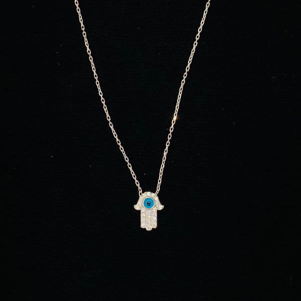 Small Hamsa with Evil Eye Crystals Sterling Silver Necklace