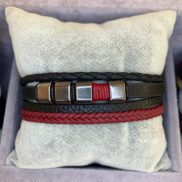 Stainless Steel Triple Black Leather Bracelet