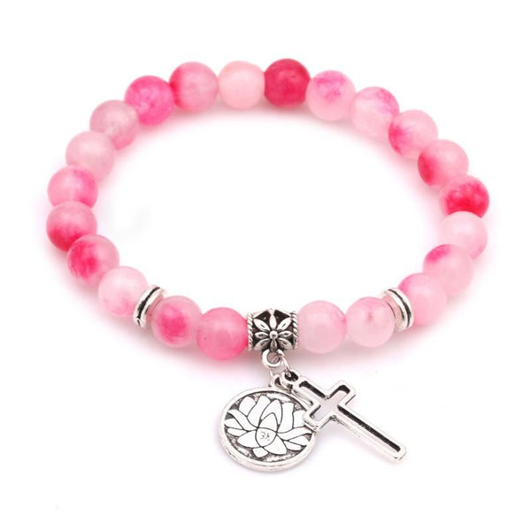 Rose Quartz with Cross Crystal Men Women Natural Gemstone Beaded Bracelet
