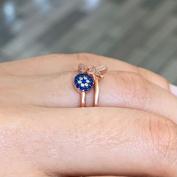 Butterfly Evil Eye CZ Enamel Sterling Silver Ring Adjustable