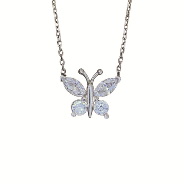 Single White Crystal Butterfly Sterling Silver Necklace