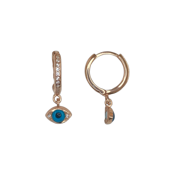 Mini Turkish Blue Evil Eye Sterling Silver Dangle Huggie Post Earrings