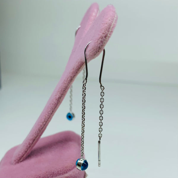 Evil Eye Japanese Dangle Chain Sterling Silver Earrings