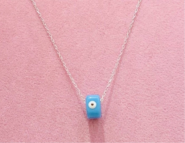 Simple Blue Square Bead Evil Eye Sterling Silver Necklace