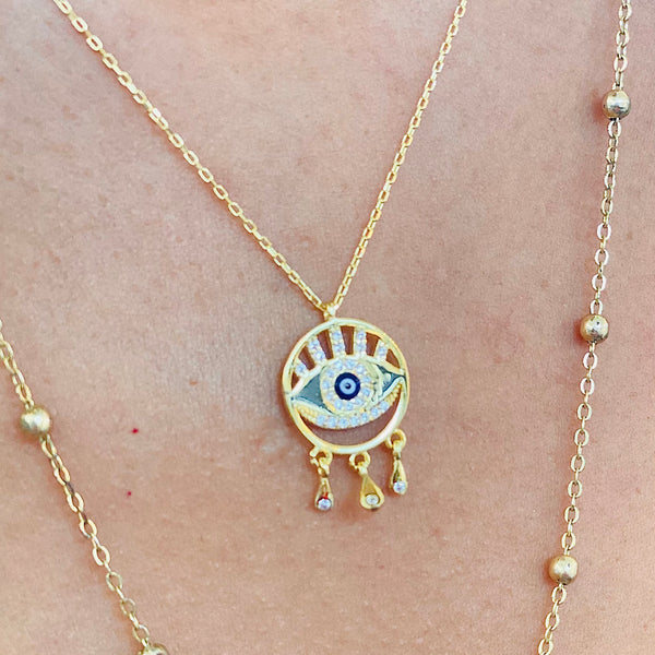 Dainty Crystal Eye Shape Evil Eye Silver Necklace Enamel
