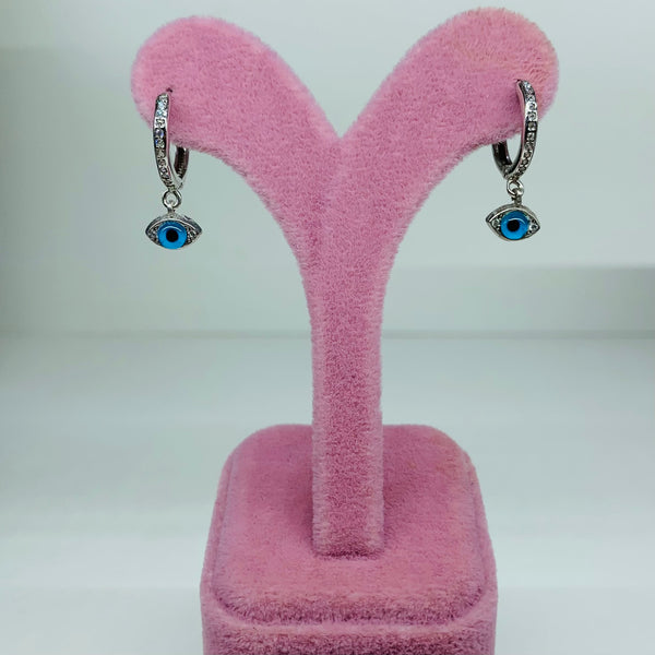 Mini Turkish Blue Evil Eye Sterling Silver Dangle Huggie Post Earrings