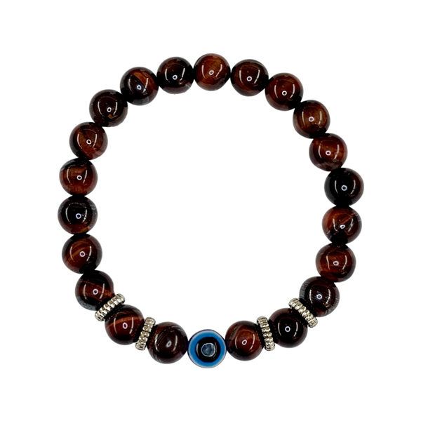 Red Tiger Eye with Evil Eye Crystal Men Women Natural Gemstone Beaded Bracelet