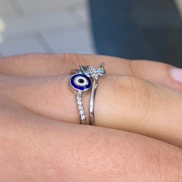 Butterfly Enamel Evil Eye Wavy Sterling Silver Ring