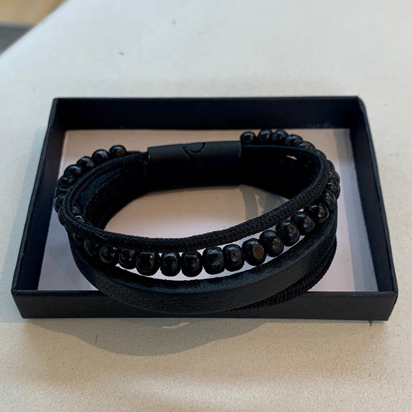 Multiple Strips and Beads Leather Bracelet