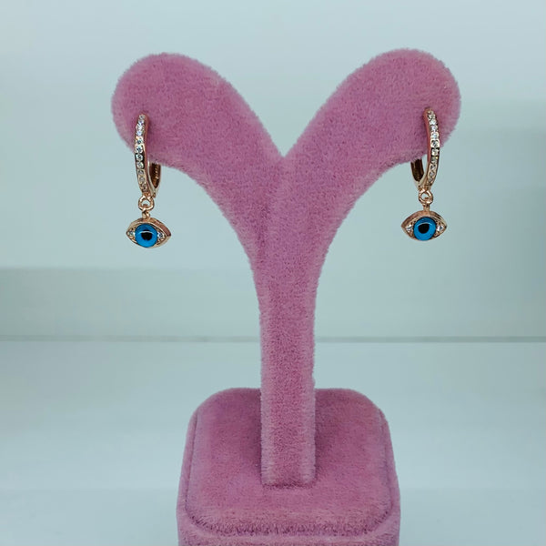 Mini Turkish Blue Evil Eye Sterling Silver Dangle Huggie Post Earrings
