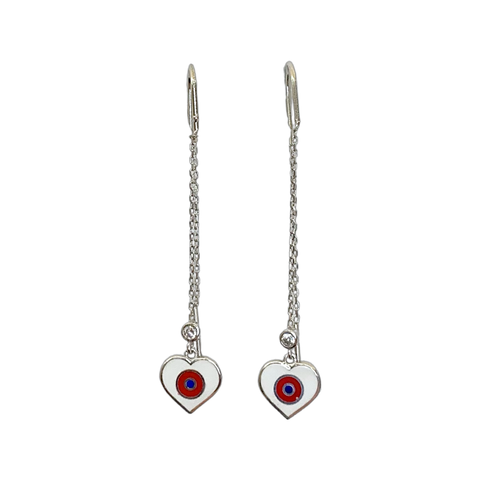 Heart with Evil Eye Japanese Dangle Chain Sterling Silver Earrings