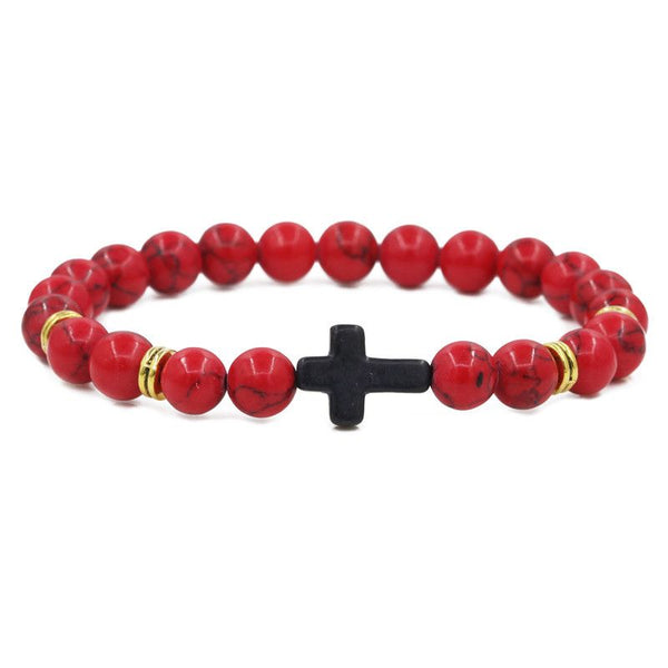 Red Turquoise with Cross Crystal Men Women Natural Gemstone Beaded Bracelet