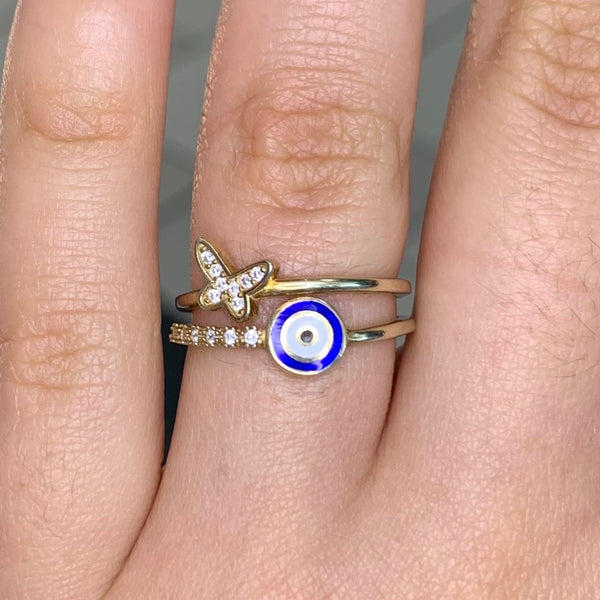 Butterfly Evil Eye CZ Enamel Sterling Silver Ring Adjustable