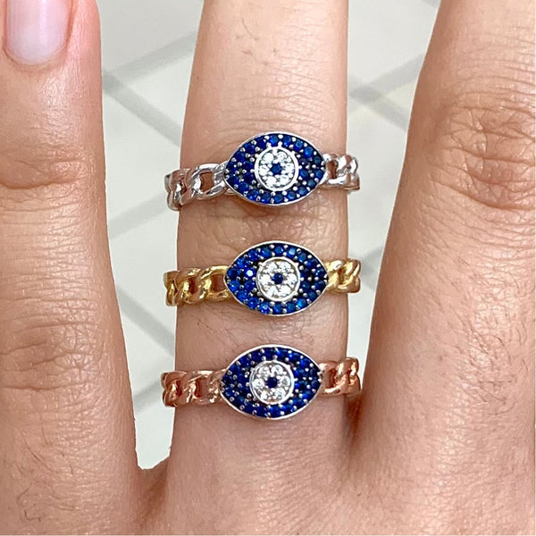 Blue Eye Shape Ring Sterling Silver Chain Style Adjustable Ring