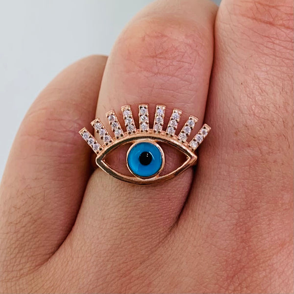 Big Evil Eye With Lashes Rose Gold Sterling Silver Ring
