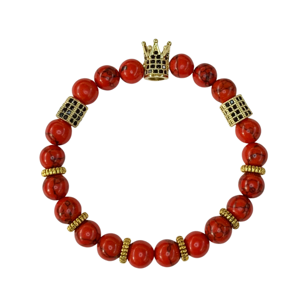 Red Turquoise with Crown Crystal Men Women Natural Gemstone Beaded Bracelet