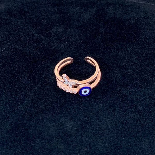 Butterfly Evil Eye CZ Enamel Sterling Silver Ring Adjustable