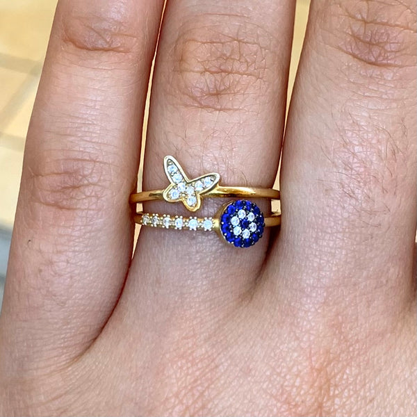 Butterfly Evil Eye CZ Enamel Sterling Silver Ring Adjustable