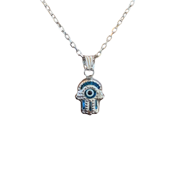 Hamsa with Turkish Blue Glass Evil Eye Sterling Silver Necklace