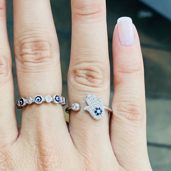 Hamsa Ring Adjustable Sterling Silver with Crystals