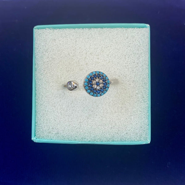 Blue Evil Eye Sterling Silver Ring Adjustable