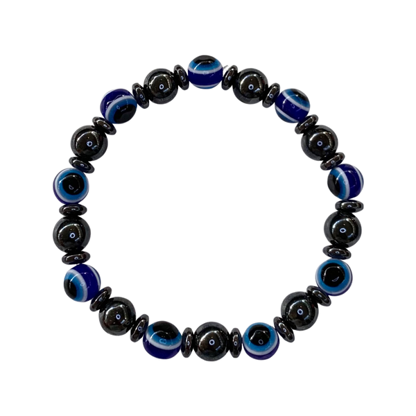 Hematite with Evil Eye Crystal Men Women Natural Gemstone Beaded Bracelet