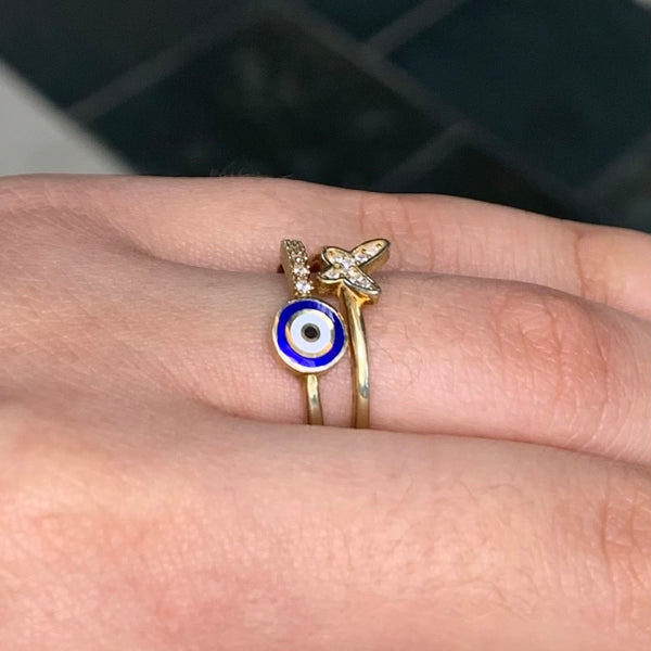Butterfly Evil Eye CZ Enamel Sterling Silver Ring Adjustable