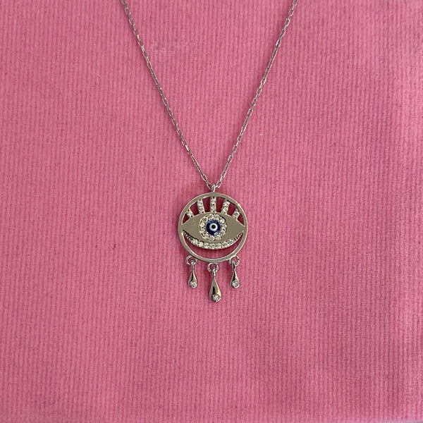 Dainty Crystal Eye Shape Evil Eye Silver Necklace Enamel
