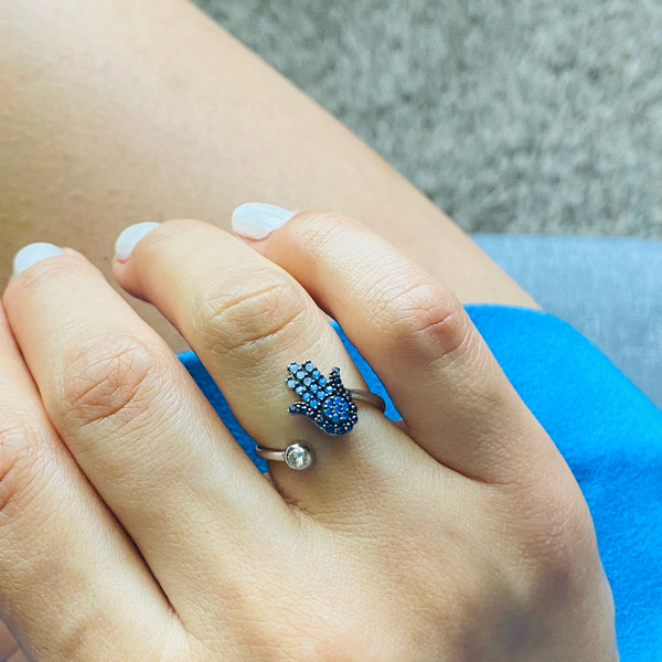 Hamsa Ring Adjustable Sterling Silver with Crystals