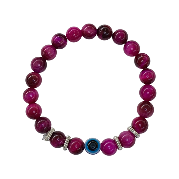 Pink Tiger Eye with Evil Eye Crystal Men Women Natural Gemstone Beaded Bracelet