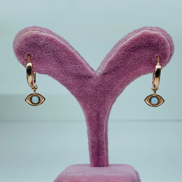 Mini Turkish Blue Evil Eye Sterling Silver Dangle Huggie Post Earrings
