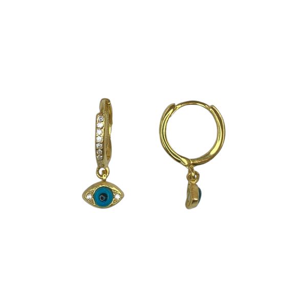 Mini Turkish Blue Evil Eye Sterling Silver Dangle Huggie Post Earrings