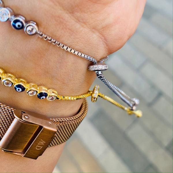 Evil Eye Protection Silver Bracelet – Adjustable Sterling Silver Charm Bracelet with Crystals