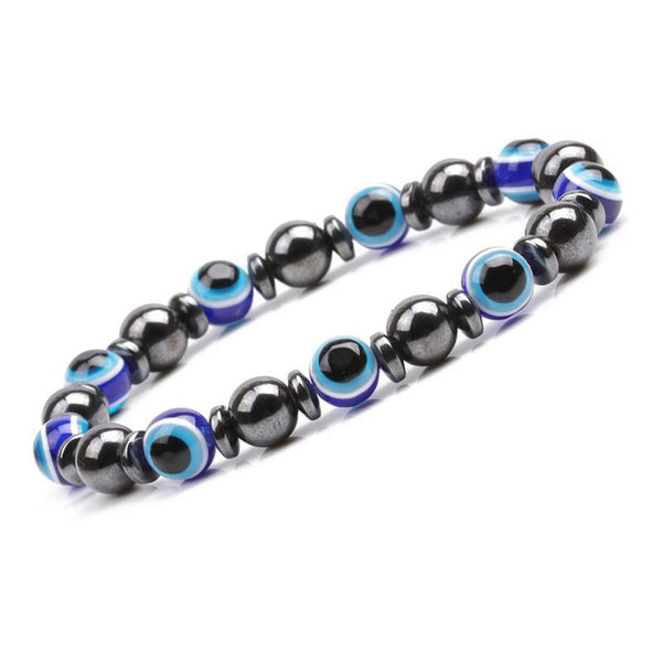 Hematite with Evil Eye Crystal Men Women Natural Gemstone Beaded Bracelet