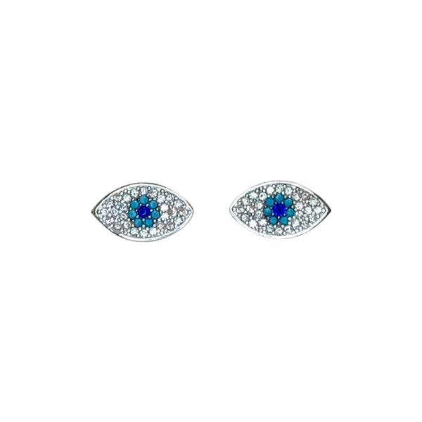 Turkish Flat Evil Eye Sterling Silver Stud Earrings