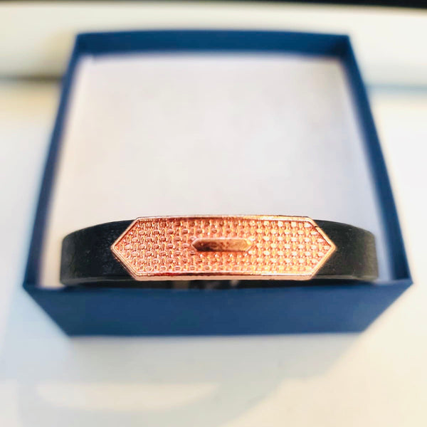 Black Leather and Rose Metal Bracelet