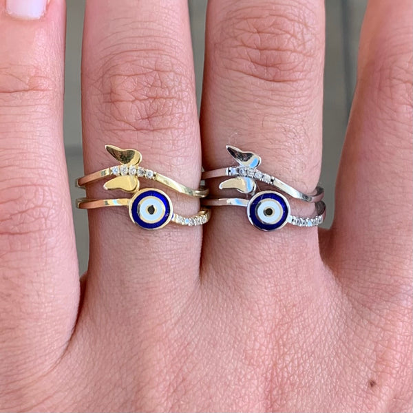 Butterfly Enamel Evil Eye Wavy Sterling Silver Ring