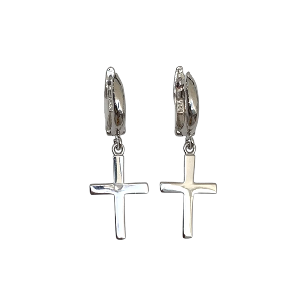 Dangle Cross Huggie Hoops Sterling Silver Earrings