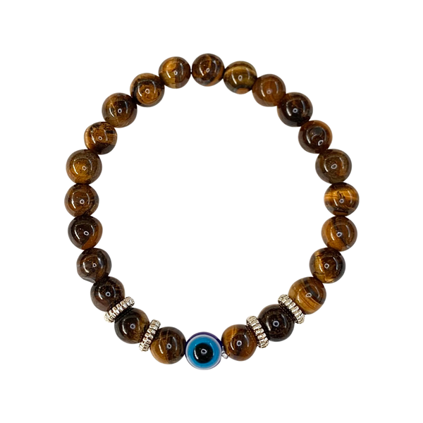 Tiger Eye with Evil Eye Crystal Men Women Natural Gemstone Beaded Bracelet