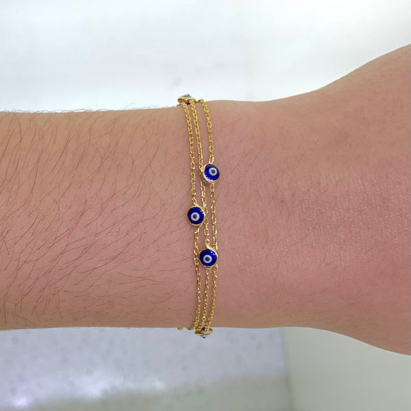 Triple Chain Multiple Enamel Evil Eye Bracelet Gold Silver
