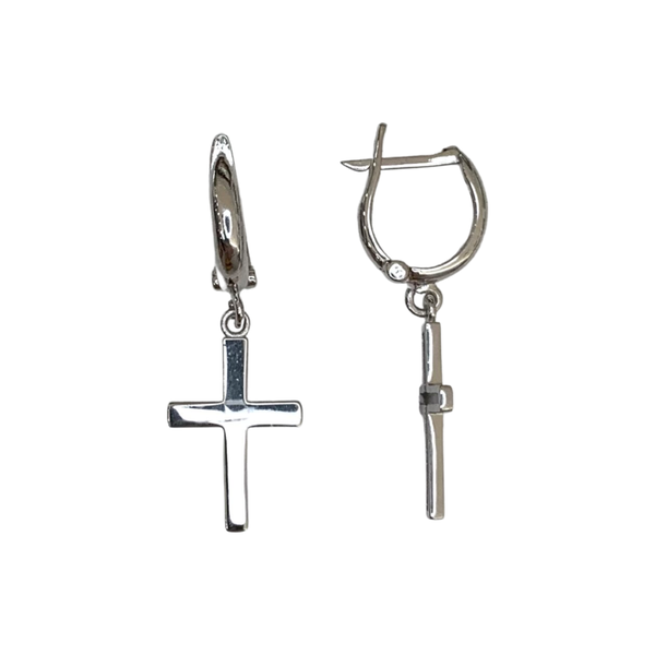 Dangle Cross Huggie Hoops Sterling Silver Earrings