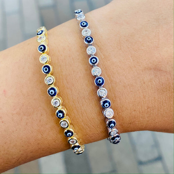 Evil Eye Protection Silver Bracelet – Adjustable Sterling Silver Charm Bracelet with Crystals