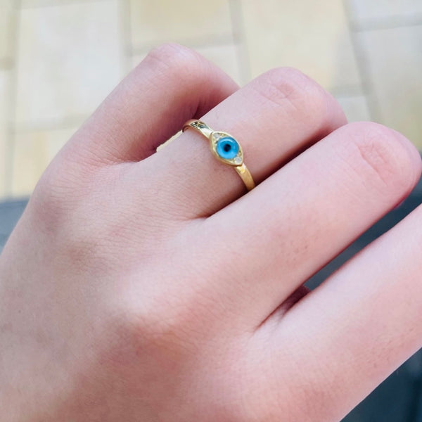 Blue Eye Shape Mini Ring Sterling Silver for Pinky Finger Adjustable Ring