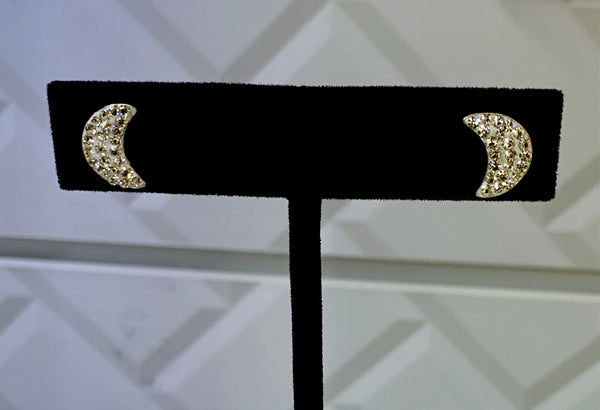 Moon Shape Crystal Silver Stud Earrings