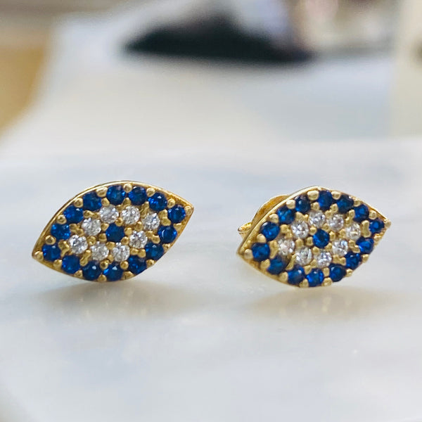 Flat Eye Shape Crystal Evil Eye Stud Sterling Silver Earrings