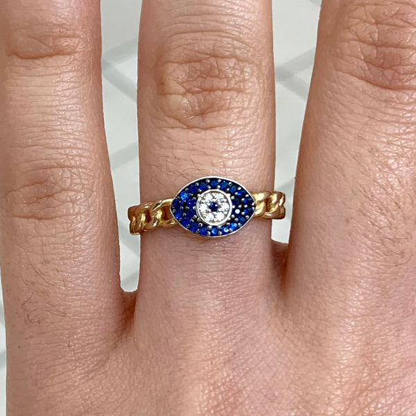 Blue Eye Shape Ring Sterling Silver Chain Style Adjustable Ring