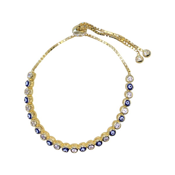 Evil Eye Protection Silver Bracelet – Adjustable Sterling Silver Charm Bracelet with Crystals