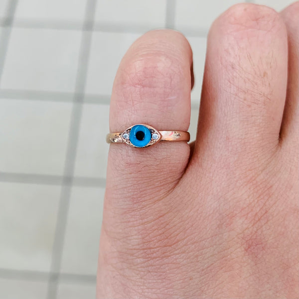 Blue Eye Shape Mini Ring Sterling Silver for Pinky Finger Adjustable Ring